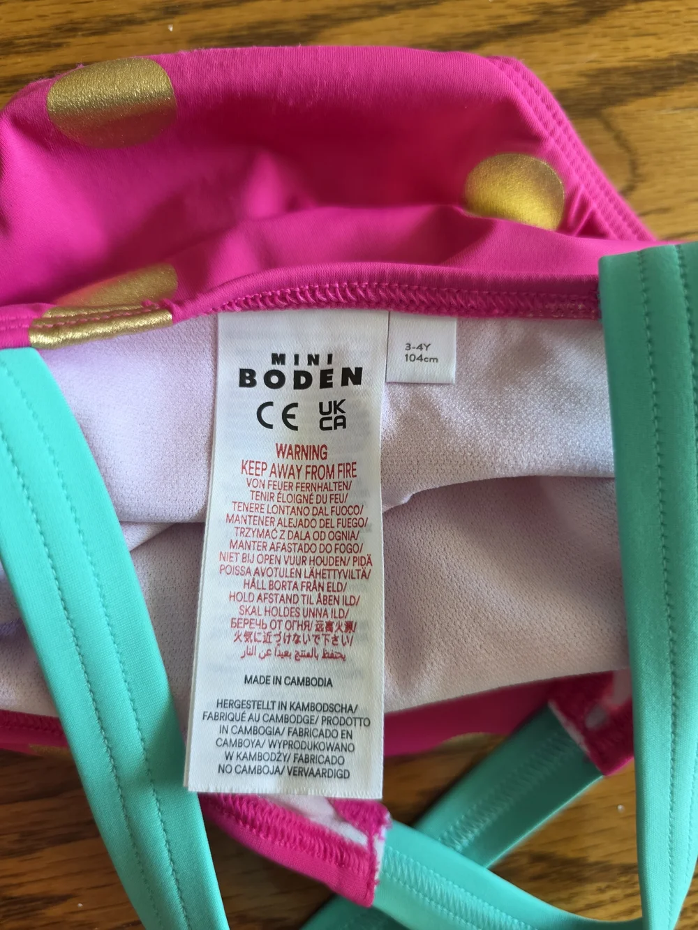 Mini Boden Hot Pink One-Piece Swimsuit with Gold Polka Dots and Turquoise Straps